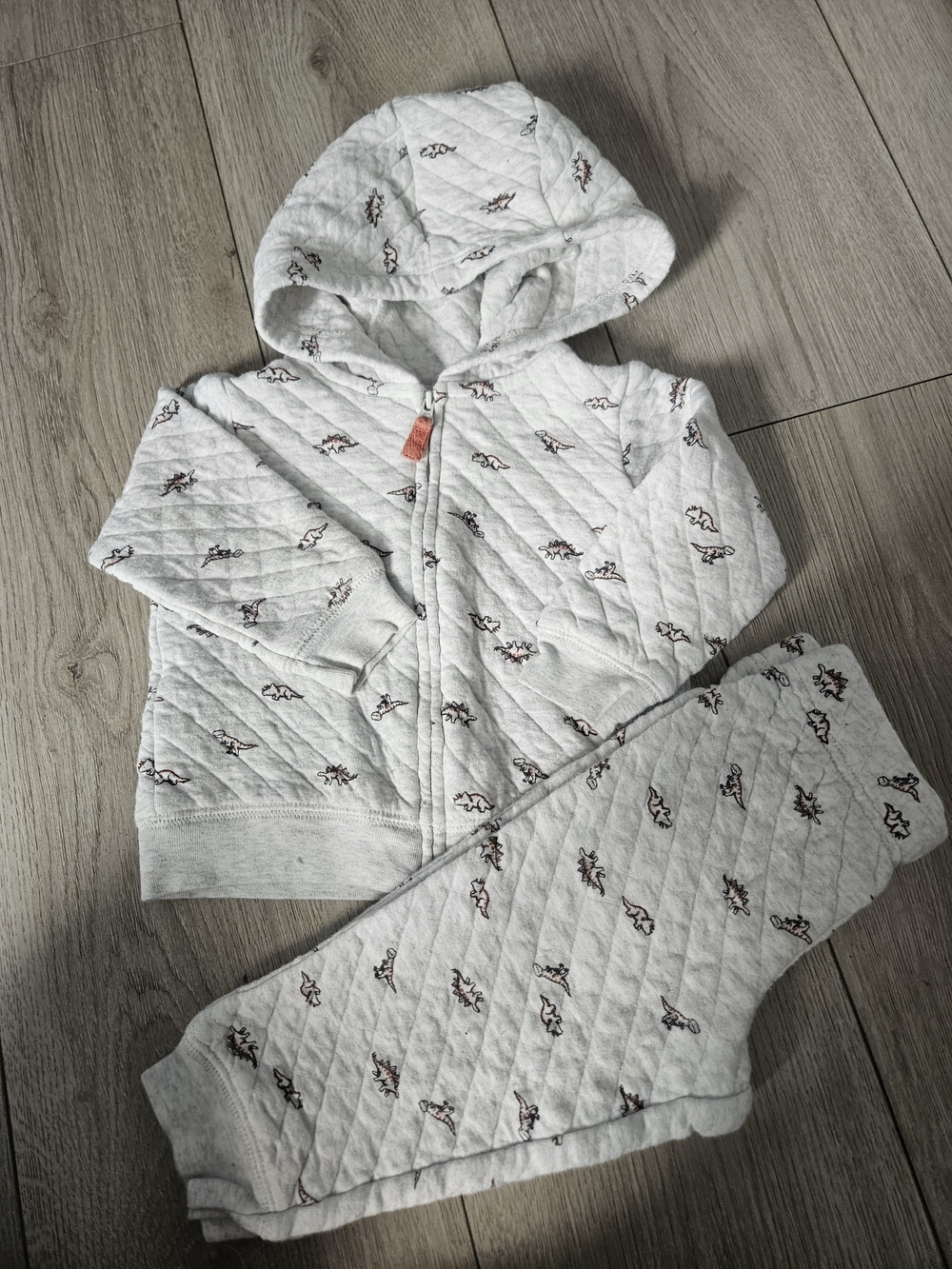 CARTER'S Baby Boy 2 Piece Quilted Zip Hoodie Pants Set Dinosaur Grey 12M